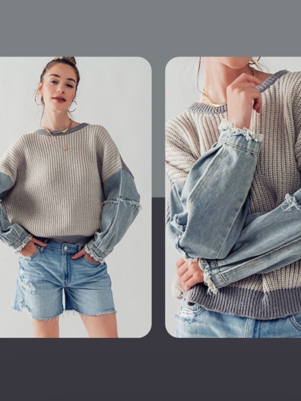 Urban Daizy Women’s Denim Sleeve Two Tone Knit Sweater